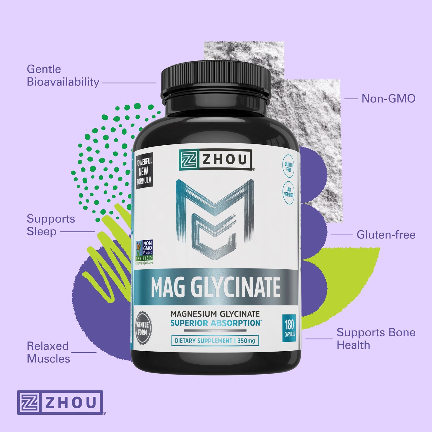 Zhou Magnesium Glycinate Complex 350 Mg | Muscle Relaxation & Recovery, Healthy Sleep, Bone Strength, Heart Health Support | Vegan, Non-Gmo, Bioavailable, 90 Servings, 180 Tablets
