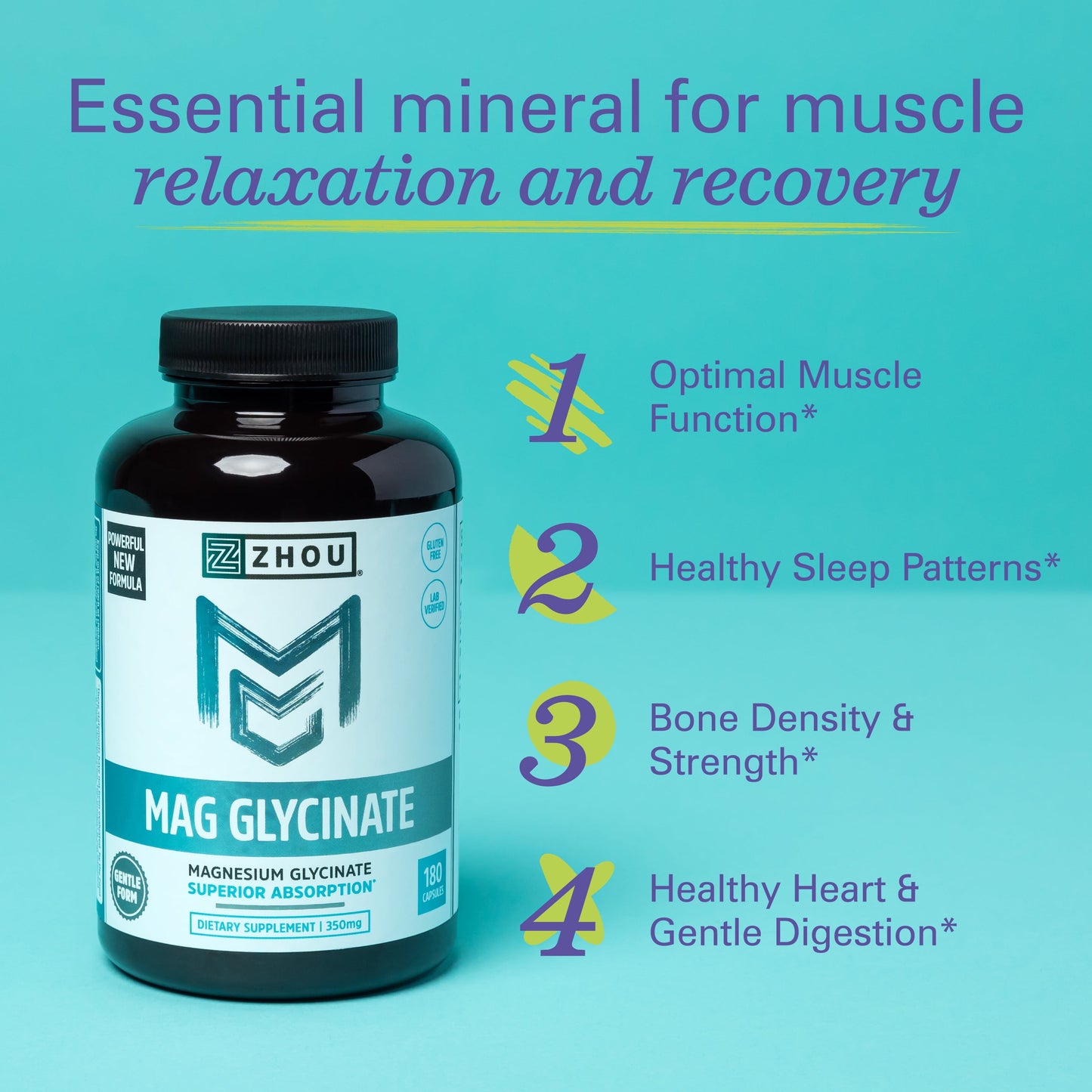 Zhou Magnesium Glycinate Complex 350 Mg | Muscle Relaxation & Recovery, Healthy Sleep, Bone Strength, Heart Health Support | Vegan, Non-Gmo, Bioavailable, 90 Servings, 180 Tablets